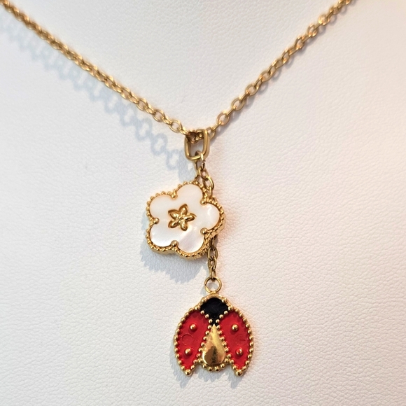 Gold Necklace with Ladybug and Flower Charms - Picture 1 of 1